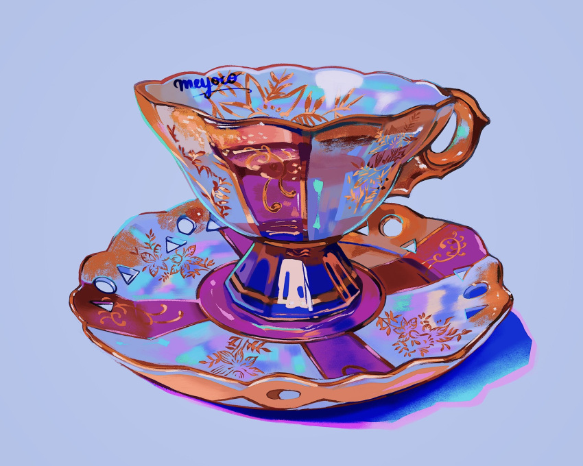 blue_background cup highres meyoco no_humans original photo-referenced plate shadow signature simple_background teacup