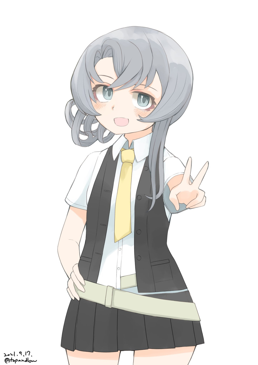1girl asymmetrical_hair bangs belt black_skirt black_vest commentary_request contrapposto dated dress_shirt flipped_hair grey_eyes hand_on_hip highres kantai_collection looking_at_viewer necktie nowaki_(kancolle) one-hour_drawing_challenge pleated_skirt school_uniform shirt silver_hair simple_background skirt solo swept_bangs toplow twitter_username v vest white_background white_shirt yellow_neckwear