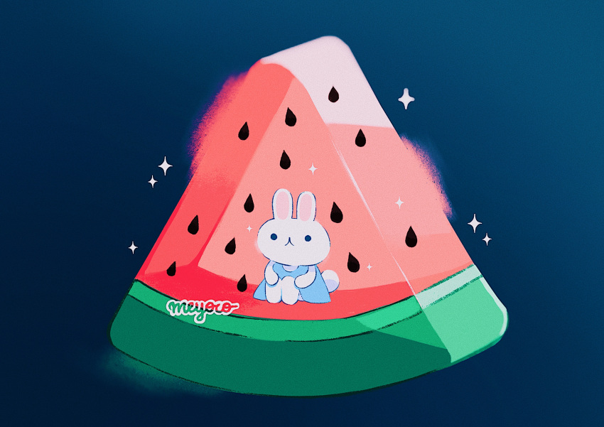 absurdres artist_name black_background blue_dress dress food fruit highres meyoco no_humans original rabbit simple_background sparkle watermelon watermelon_seeds watermelon_slice