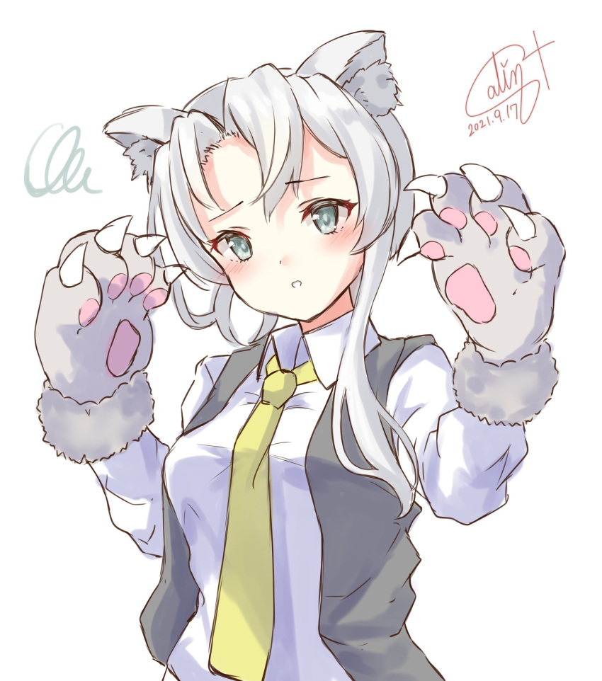1girl adapted_costume animal_ear_fluff animal_ears animal_hands asymmetrical_hair bangs black_vest dated dress_shirt flipped_hair gloves grey_eyes highres kantai_collection long_sleeves necktie nowaki_(kancolle) official_alternate_costume one-hour_drawing_challenge paw_gloves pen_chou shirt signature silver_hair simple_background solo swept_bangs upper_body vest white_background white_shirt wolf_ears yellow_neckwear