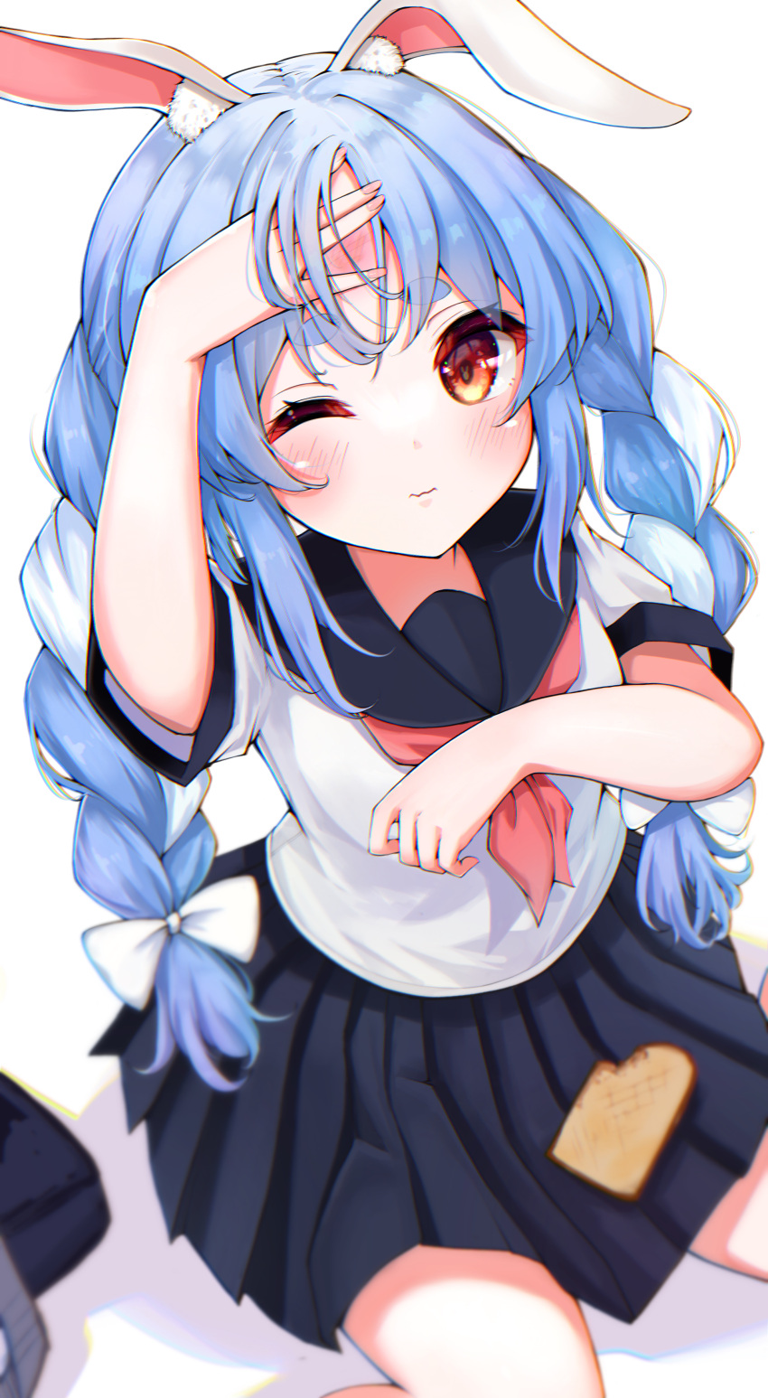 1girl absurdres animal_ear_fluff animal_ears arm_up bangs black_sailor_collar black_skirt blue_hair blush bow closed_mouth commentary_request drill_hair eyebrows_visible_through_hair food hair_bow hand_up highres hololive kohe_billialot long_hair looking_at_viewer multicolored_hair neckerchief one_eye_closed pleated_skirt rabbit_ears red_eyes red_neckwear sailor_collar school_uniform serafuku shirt short_eyebrows short_sleeves simple_background sitting skirt solo thick_eyebrows toast twin_drills twintails two-tone_hair usada_pekora virtual_youtuber white_background white_bow white_hair white_shirt