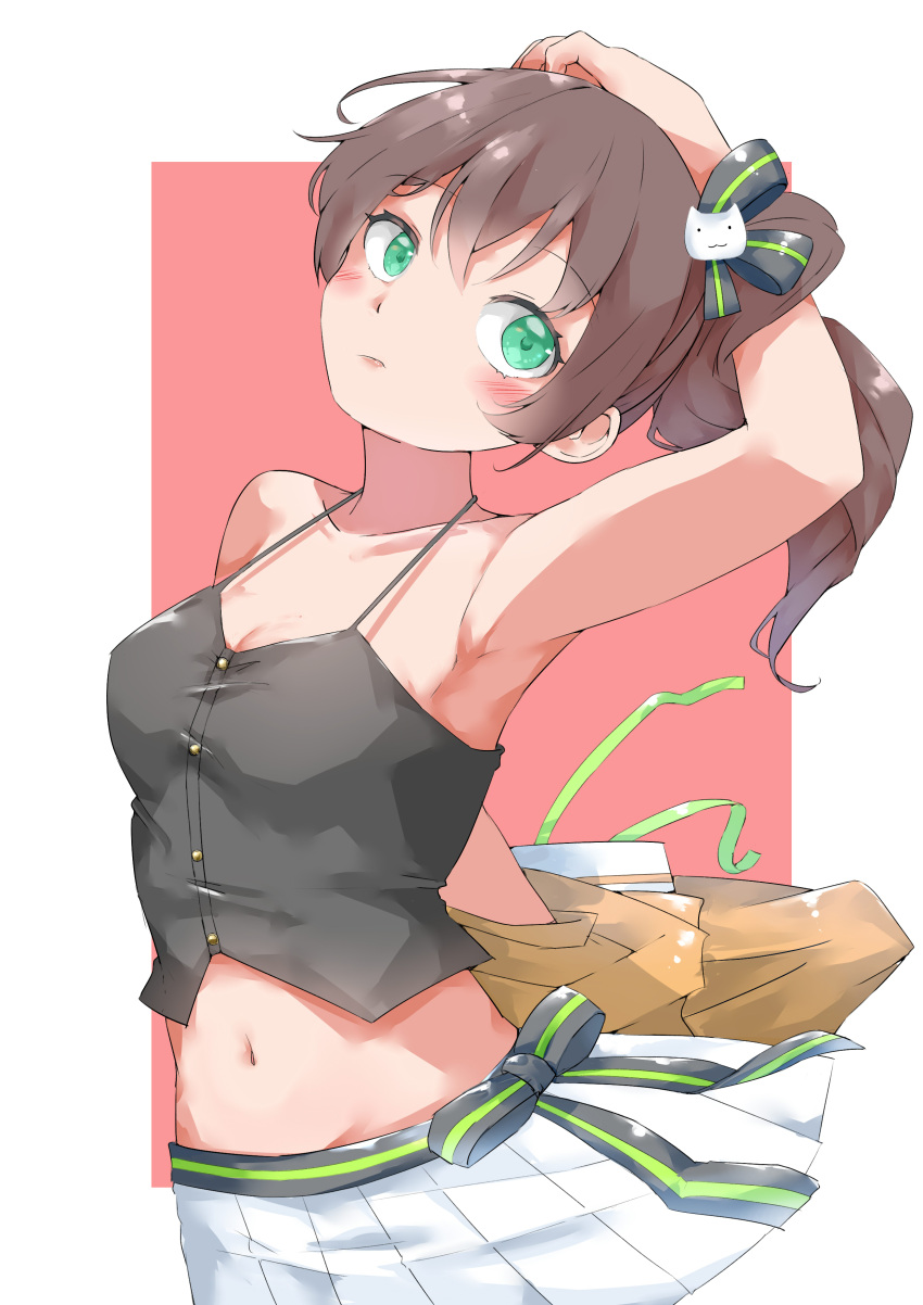1girl absurdres arm_behind_back arm_up armpits bangs black_camisole black_ribbon blush breasts brown_hair camisole cat_hair_ornament closed_mouth commentary_request green_eyes hair_between_eyes hair_ornament hair_ribbon halterneck highres hololive jacket jacket_removed looking_to_the_side medium_hair miniskirt natsuiro_matsuri navel orange_jacket otapapa pleated_skirt red_background ribbon side_ponytail simple_background skirt solo spaghetti_strap stomach virtual_youtuber white_skirt