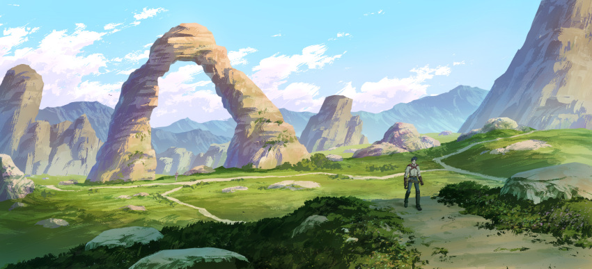 1boy ashley_winchester blue_hair blue_sky clouds den_dengaku denim gloves grass highres hill jeans male_focus mountain pants rock scarf scenery sky solo wild_arms wild_arms_2