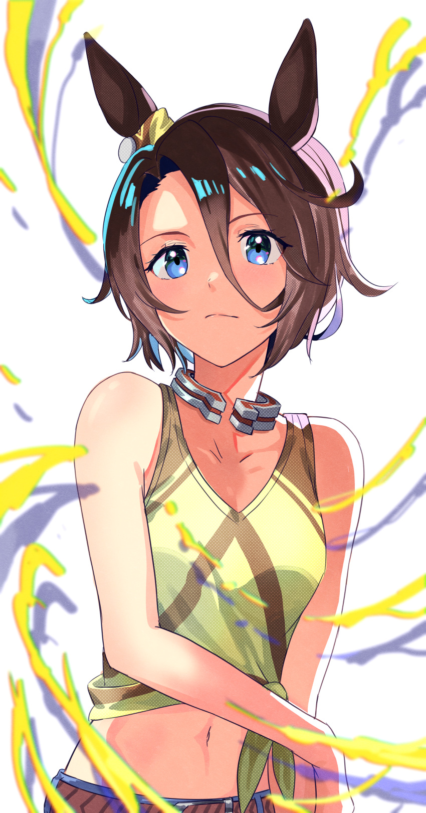 1girl absurdres animal_ears bangs bare_shoulders blue_eyes brown_hair collarbone hair_between_eyes highres hira_(hinakomochi) horse_ears horse_girl huge_filesize jewelry narita_taishin_(umamusume) neck_ring no_jacket shirt short_hair solo tied_shirt umamusume upper_body