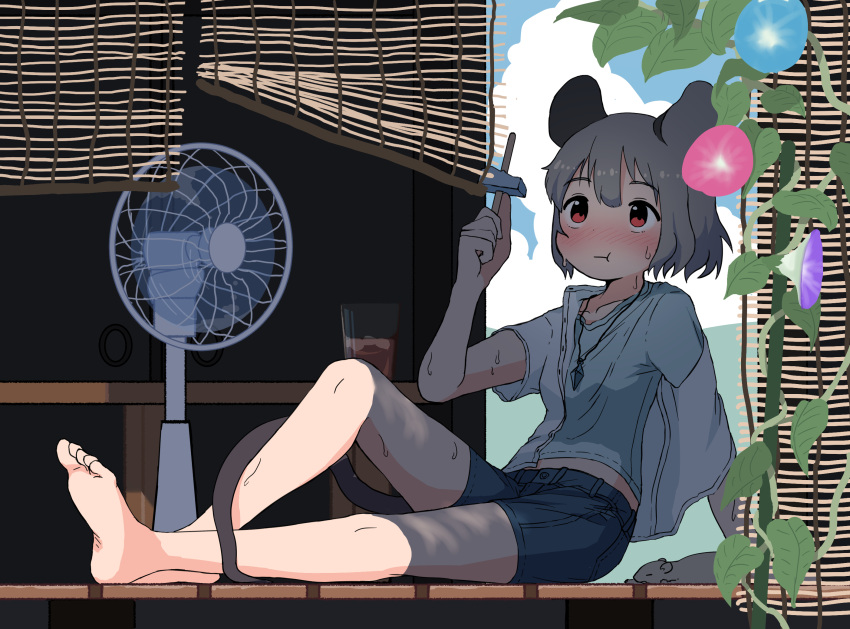 1girl :t alternate_costume animal_ears bangs barefoot blue_flower blue_shorts blush closed_mouth commentary_request crystal cup eating electric_fan flower food full_body grey_hair grey_shirt highres hot jewelry kashiwa_kona mouse mouse_ears mouse_girl mouse_tail nazrin pendant plant popsicle purple_flower reclining red_eyes shirt short_hair shorts sitting solo table tail touhou undershirt white_shirt