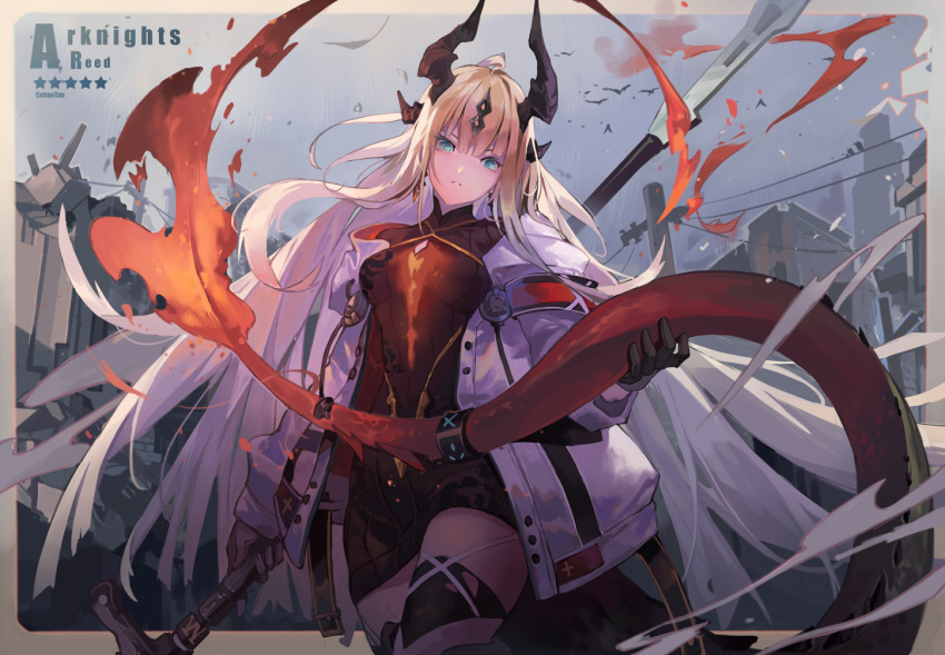 1girl arknights artist_name black_gloves black_shirt black_shorts blonde_hair blue_eyes building character_name chinese_commentary commentary_request copyright_name cotton cowboy_shot dragon_girl dragon_horns dragon_tail ear_piercing fire gloves hair_ornament holding_tail horns infection_monitor_(arknights) jacket long_hair long_tail looking_at_viewer open_clothes open_jacket piercing power_lines reed_(arknights) ruins shirt shorts sky solo tail tail-tip_fire tail_strap utility_pole very_long_hair weapon weapon_on_back white_jacket