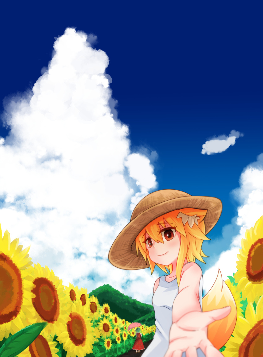 2girls alternate_costume animal_ear_fluff animal_ears asymmetrical_hair bangs blonde_hair blue_sky breasts closed_mouth clouds commentary_request cookie_(touhou) cowboy_shot dress eyebrows_visible_through_hair flower fox_ears fox_girl fox_tail garden_of_the_sun green_hair hair_between_eyes hat highres kazami_yuuka long_skirt long_sleeves looking_at_viewer macota_(cookie) medium_hair miramikaru_riran multiple_girls parasol plaid plaid_skirt plaid_vest reaching_out red_eyes red_skirt red_vest shirt short_hair sidelocks skirt skirt_set sky small_breasts smile solo solo_focus sun_hat sundress sunflower tail touhou umbrella vest white_dress white_shirt yan_pai yellow_flower