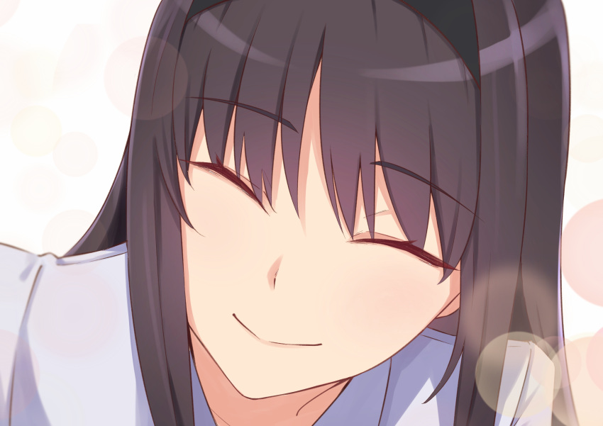 1girl ^_^ absurdres bangs black_hair black_hairband close-up closed_eyes closed_mouth commentary_request eyebrows_visible_through_hair face hairband head_tilt highres kuro_chibe leaning_forward pink_background portrait shirt sidelocks smile solo tohno_akiha tsukihime tsukihime_(remake) white_shirt