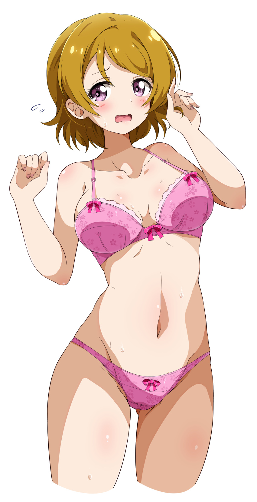 1girl absurdres ass_visible_through_thighs bangs bare_shoulders bra breasts collarbone cropped_legs dot_nose eggman_(pixiv28975023) eyebrows_visible_through_hair flying furrowed_brow groin hands_up highres koizumi_hanayo light_brown_hair love_live! love_live!_school_idol_project medium_breasts nail_polish navel nervous open_mouth panties pink_bra pink_nails pink_panties pink_ribbon raised_eyebrow ribbon shiny shiny_hair shiny_skin short_hair simple_background solo sweat swept_bangs thighs underwear underwear_only white_background