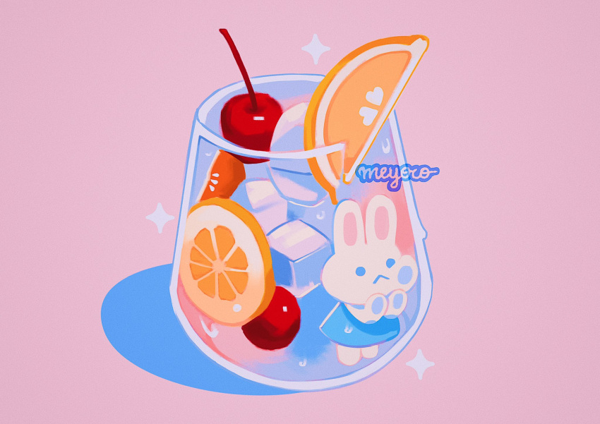 artist_name blue_dress cherry cup dress food fruit highres ice ice_cube meyoco no_humans orange_(fruit) orange_slice original pink_background rabbit shadow simple_background sparkle