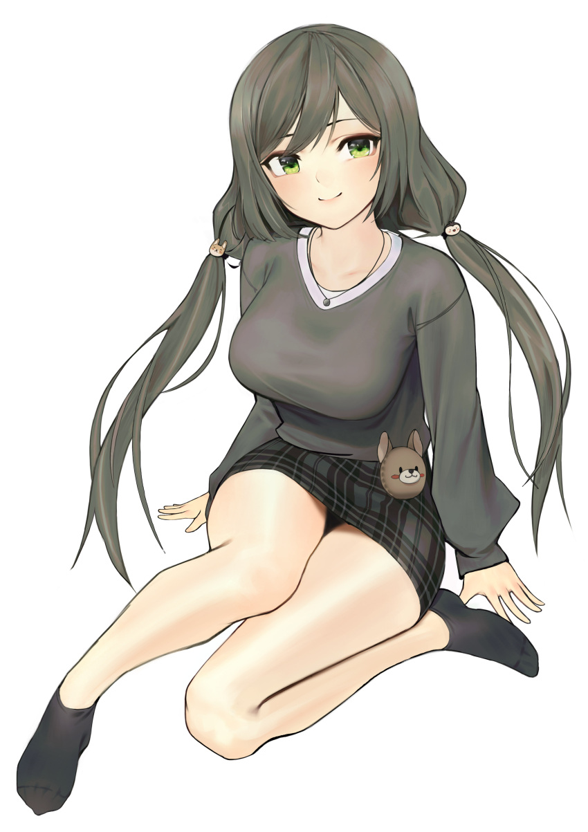 1girl absurdres animal_hair_ornament ankle_socks bangs black_hair black_legwear breasts closed_mouth collarbone commentary full_body green_eyes grey_hair grey_sweater highres knee_up large_breasts long_hair long_sleeves looking_at_viewer low_twintails medium_breasts miniskirt no_shoes original simple_background sitting skirt smile socks solo stuffed_animal stuffed_toy sweater twintails ur-8 virtual_youtuber white_background