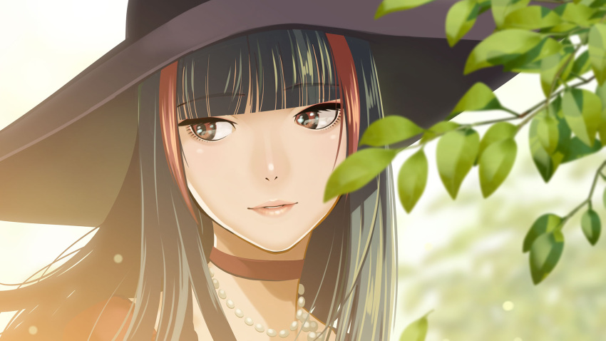 1girl black_hair blurry blurry_background choker crimson_(vtuber) eyebrows_visible_through_hair hat highres indie_virtual_youtuber jewelry large_hat long_hair multicolored multicolored_hair necklace parted_lips pearl_necklace pink_lips plant red_choker red_eyes redhead shiomiya_iruka solo streaked_hair upper_body virtual_youtuber