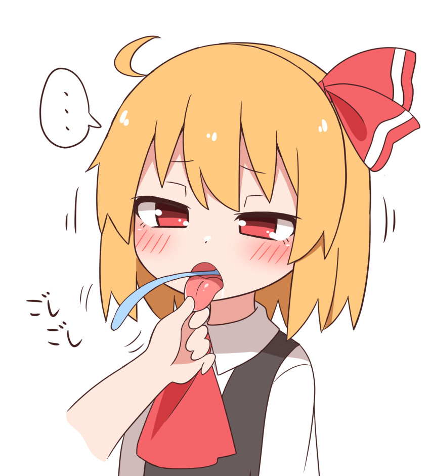 ... 1girl 1other ahoge ascot bangs black_vest blonde_hair blush disembodied_limb eyebrows_visible_through_hair hair_ribbon highres holding_tongue nihohohi open_mouth red_eyes red_neckwear red_ribbon ribbon rumia solo_focus spoken_ellipsis tongue tongue_out toothbrush toothbrush_in_mouth touhou upper_body vest wing_collar