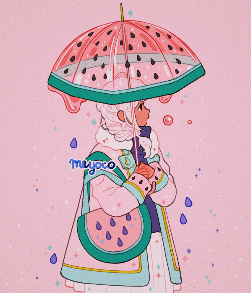 1girl absurdres artist_name bag black_eyes dripping droplet food fruit highres holding holding_umbrella long_hair long_sleeves meyoco original own_hands_together pink_background pink_hair profile rain shoulder_bag solo sparkle transparent transparent_umbrella umbrella upper_body watermelon