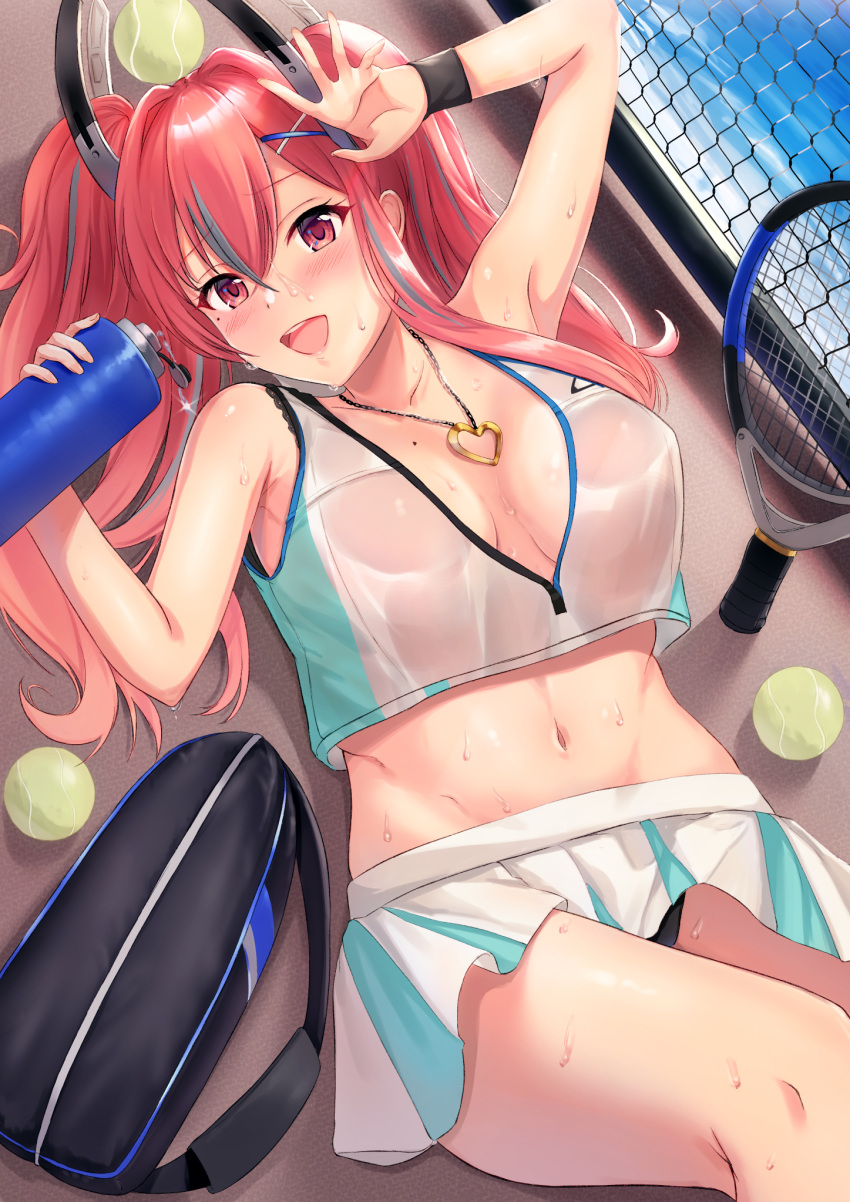 1girl azur_lane ball bottle breasts bremerton_(azur_lane) bremerton_(scorching-hot_training)_(azur_lane) center_opening chain-link_fence crop_top crop_top_overhang fence grey_hair hair_ornament heart heart_necklace highres large_breasts long_hair looking_at_viewer lying miniskirt multicolored_hair official_alternate_costume on_back open_mouth outdoors pink_hair racket shirt skirt sleeveless sleeveless_shirt solo sportswear streaked_hair tennis_ball tennis_court tennis_racket tennis_uniform toruneedo_(tornado1844) twintails two-tone_shirt two-tone_skirt violet_eyes water_bottle white_shirt white_skirt x_hair_ornament