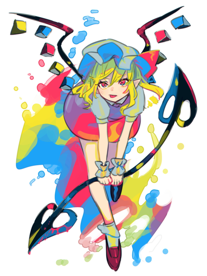 1girl :p absurdres bangs bent_over blonde_hair blush bobby_socks bow colorful commentary_request crystal eyebrows_visible_through_hair flandre_scarlet full_body hair_between_eyes hat hat_bow highres holding holding_weapon laevatein_(touhou) looking_at_viewer mob_cap one_side_up pointy_ears puffy_short_sleeves puffy_sleeves red_bow red_eyes red_footwear red_skirt red_vest shi_chimi short_hair short_sleeves simple_background skirt socks solo standing standing_on_one_leg tongue tongue_out touhou v_arms vest weapon white_background white_headwear white_legwear wings wrist_cuffs