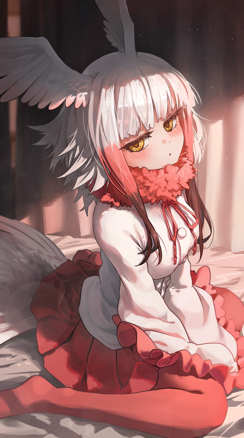 1girl bangs bed_sheet bird_tail bird_wings blunt_bangs blush brown_hair commentary curtains expressionless frilled_sleeves frills fur_collar head_wings highres japanese_crested_ibis_(kemono_friends) kemono_friends long_hair long_sleeves looking_at_viewer melaton multicolored_hair no_shoes on_bed pantyhose parted_lips red_legwear red_skirt redhead shade shirt sidelocks sitting skirt solo tail wariza white_hair white_shirt wide_sleeves wings yellow_eyes