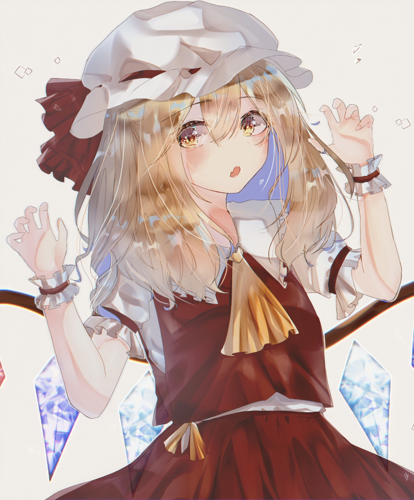 1girl :o absurdres alternate_hair_length alternate_hairstyle ascot bangs blonde_hair claw_pose commentary_request cowboy_shot crystal eyebrows_visible_through_hair fang flandre_scarlet frilled_shirt_collar frills hair_between_eyes hands_up hat hat_ribbon highres long_hair looking_to_the_side mob_cap open_mouth puffy_short_sleeves puffy_sleeves red_ribbon red_skirt red_vest ribbon short_sleeves simple_background skin_fang skirt solo touhou vest white_background white_headwear wings wrist_cuffs yellow_eyes yellow_neckwear yoruyoru_(ersu4883)