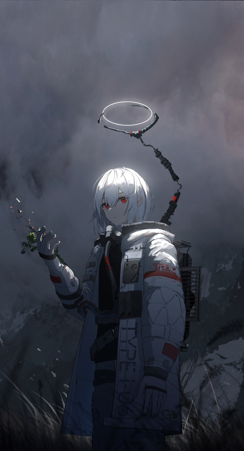 1girl absurdres asteroid_ill bangs clouds cloudy_sky coat commentary dark feet_out_of_frame flower gloves halo highres holding holding_flower huge_filesize light open_clothes open_coat original red_eyes sky solo standing white_coat white_gloves white_hair wilted_flower wind