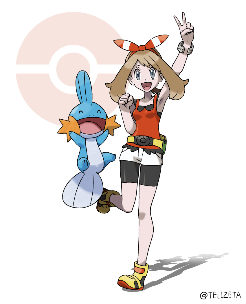 1girl :d absurdres arm_up armpits bangs bike_shorts bow_hairband bracelet breasts brown_hair clenched_hand commentary_request eyelashes fanny_pack grey_eyes hairband hand_up highres jewelry leg_up may_(pokemon) medium_hair mudkip open_mouth poke_ball_symbol pokemon pokemon_(creature) pokemon_(game) pokemon_oras red_hairband red_shirt shirt shoes shorts sleeveless sleeveless_shirt smile standing standing_on_one_leg teru_zeta tongue upper_teeth v white_shorts yellow_bag yellow_footwear