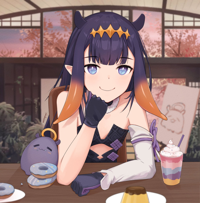 1girl asymmetrical_gloves black_collar black_dress black_gloves blue_eyes blurry blurry_background canvas_(object) cherry_blossoms collar commentary cream cutout_above_navel doughnut dress drinking_straw elbow_gloves english_commentary food fur-trimmed_collar gloves gradient_hair hand_on_own_chin highres hololive hololive_english jushoro long_hair milkshake multicolored_hair ninomae_ina'nis orange_hair plant pointy_ears pudding purple_hair screen_door short_dress single_elbow_glove smile strapless strapless_dress table tako_(ninomae_ina'nis) tentacle_hair tube_dress uneven_gloves very_long_hair virtual_youtuber white_sleeves