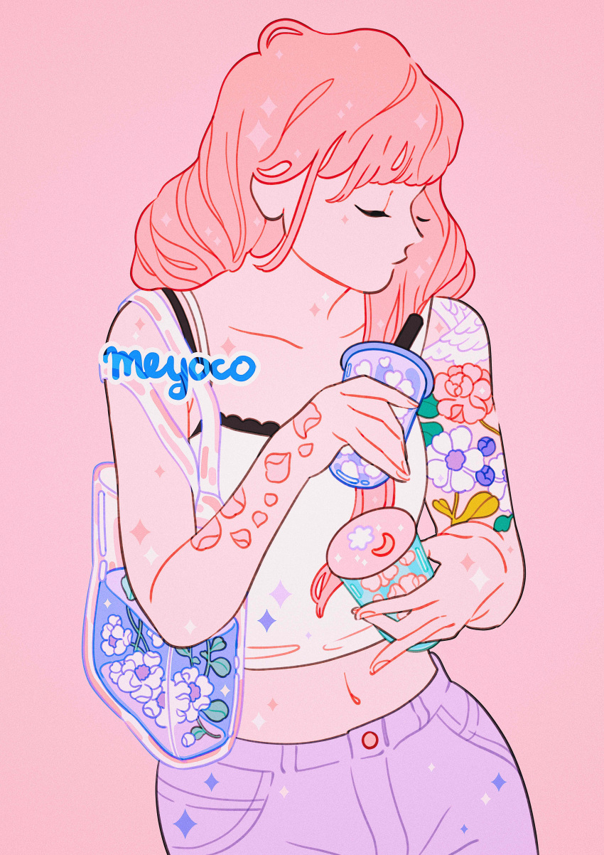 1girl absurdres artist_name bag bangs blue_flower closed_eyes closed_mouth cowboy_shot cup drink flower highres holding holding_cup holding_drink leaf liquid long_hair meyoco navel original pants pink_background pink_flower pink_hair profile purple_pants shoulder_bag simple_background solo spaghetti_strap sparkle tank_top tattoo transparent_bag white_flower white_tank_top