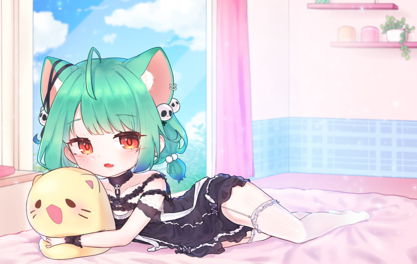 1girl ahoge bedroom black_choker black_dress blue_hair chibi choker ddorong doll_hug dress earrings extra_ears fang frilled_dress frilled_legwear frilled_straps frills garter_straps gradient_hair green_hair hair_ornament highres hololive indoors jewelry looking_at_viewer low_twintails lying medium_hair multicolored_hair object_hug off-shoulder_dress off_shoulder on_bed on_side on_stomach open_mouth pom_pom_(clothes) pom_pom_hair_ornament red_eyes see-through_sleeves short_dress short_sleeves short_twintails skin_fang skull_hair_ornament solo stuffed_animal stuffed_cat stuffed_toy thigh-highs twintails uruha_rushia virtual_youtuber white_garter_straps white_legwear wristband