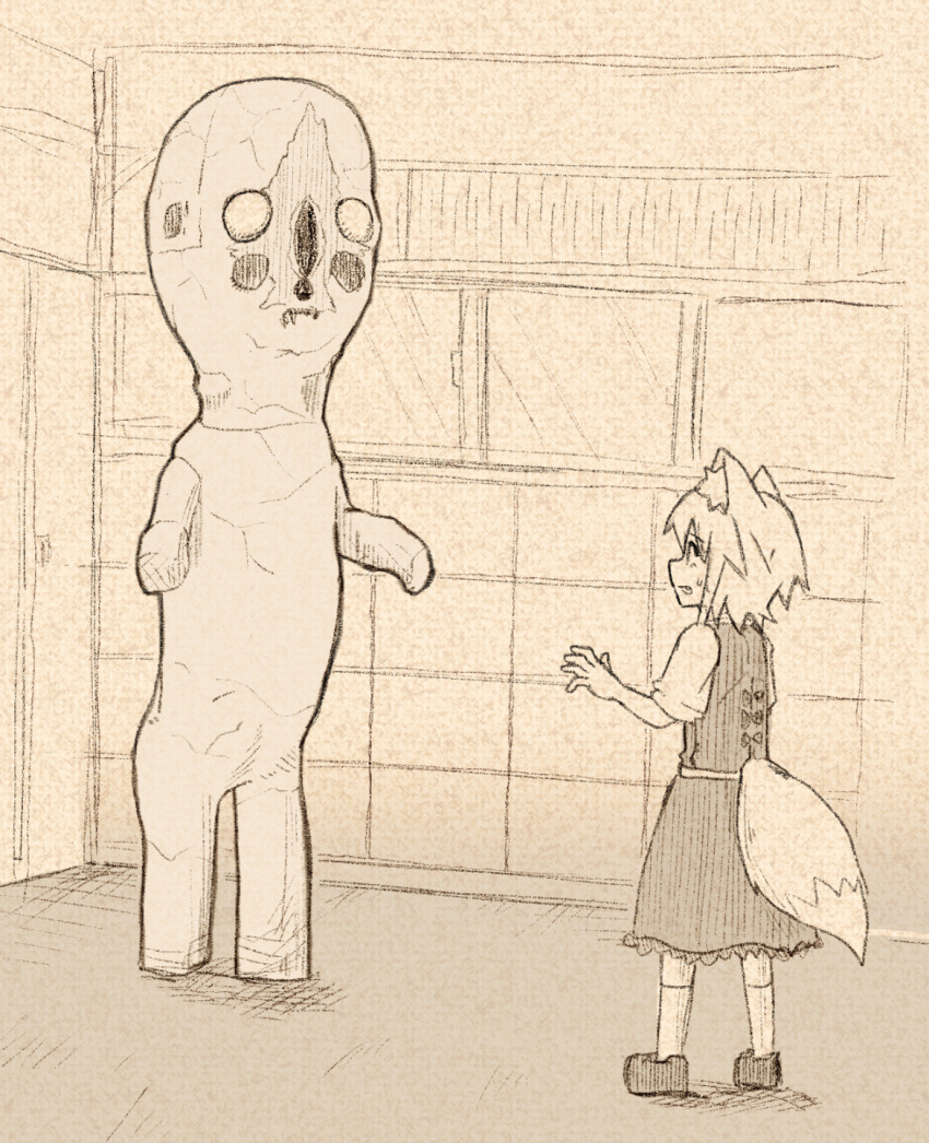 1girl animal_ears asymmetrical_hair bangs brown_theme commentary_request cookie_(touhou) crossover eyebrows_visible_through_hair fox_ears fox_girl fox_tail full_body highres indoors looking_at_another medium_hair miramikaru_riran monochrome open_mouth scp-173 scp_foundation shirt shoes sidelocks skirt socks standing tail vest yan_pai