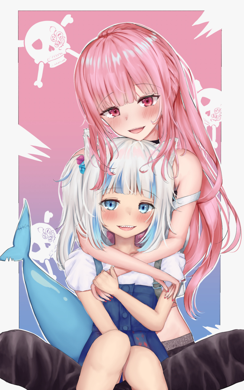 2girls blue_eyes fish_tail gawr_gura highres hololive hololive_english hug looking_at_viewer mori_calliope multicolored_hair multiple_girls pink_eyes pink_hair shark_tail skull_and_crossbones smile tail two-tone_hair virtual_youtuber white_hair zai