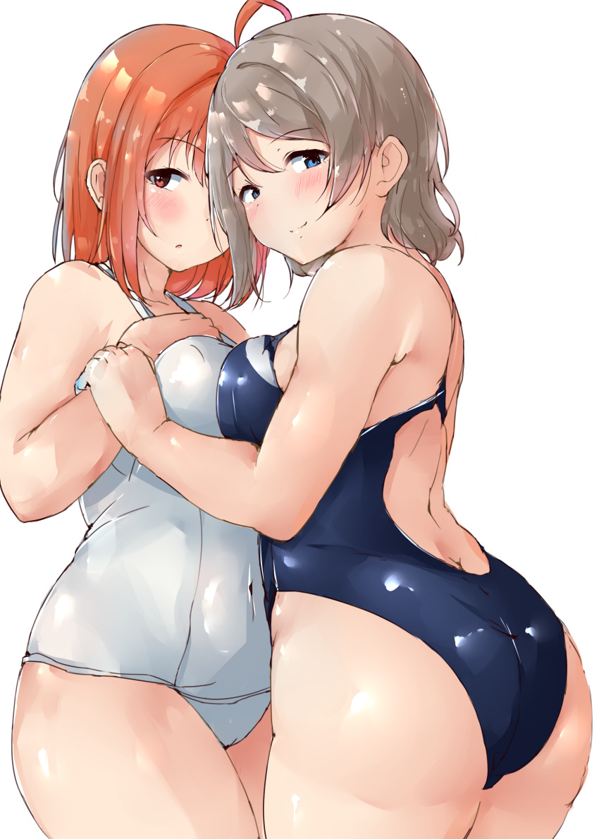 2girls absurdres ahoge ass back bangs black_swimsuit blush breast_press brown_hair butt_crack closed_mouth commission covered_navel eyebrows_visible_through_hair hair_between_eyes highres looking_at_viewer love_live! love_live!_sunshine!! medium_hair multiple_girls one-piece_swimsuit orange_hair parted_lips red_eyes shinonon_(iso_shino) shoulder_blades sidelocks simple_background skeb_commission smile standing swimsuit symmetrical_docking takami_chika thighs watanabe_you white_background white_swimsuit