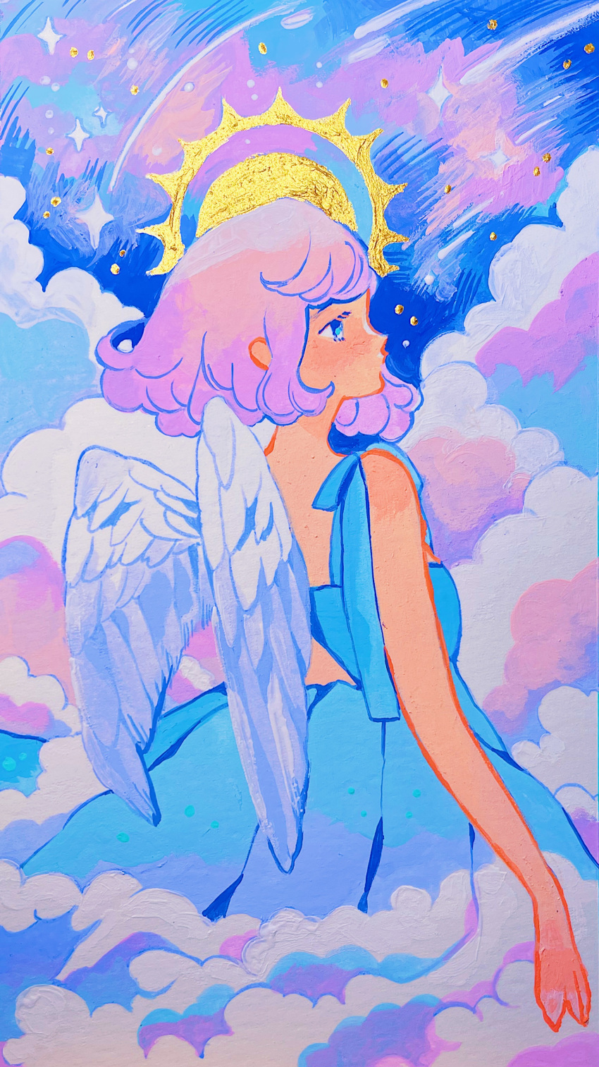 1girl absurdres angel_wings blue_dress blue_eyes blush clouds dress feathered_wings highres medium_hair meyoco original pink_hair profile shooting_star sleeveless sleeveless_dress solo traditional_media upper_body white_wings wings