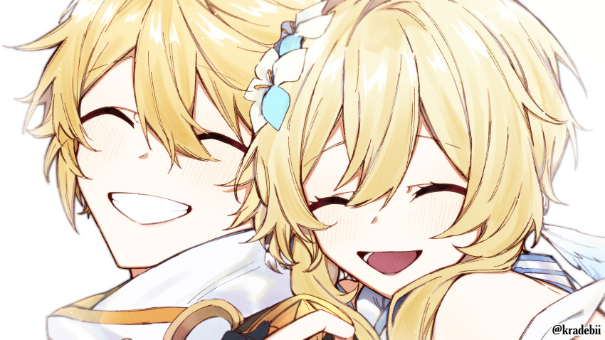 1boy 1girl absurdres aether_(genshin_impact) blonde_hair blush brother_and_sister closed_eyes face flower genshin_impact hair_flower hair_ornament highres huge_filesize kradebii looking_at_viewer lumine_(genshin_impact) open_mouth scarf siblings smile teeth twitter_username white_scarf
