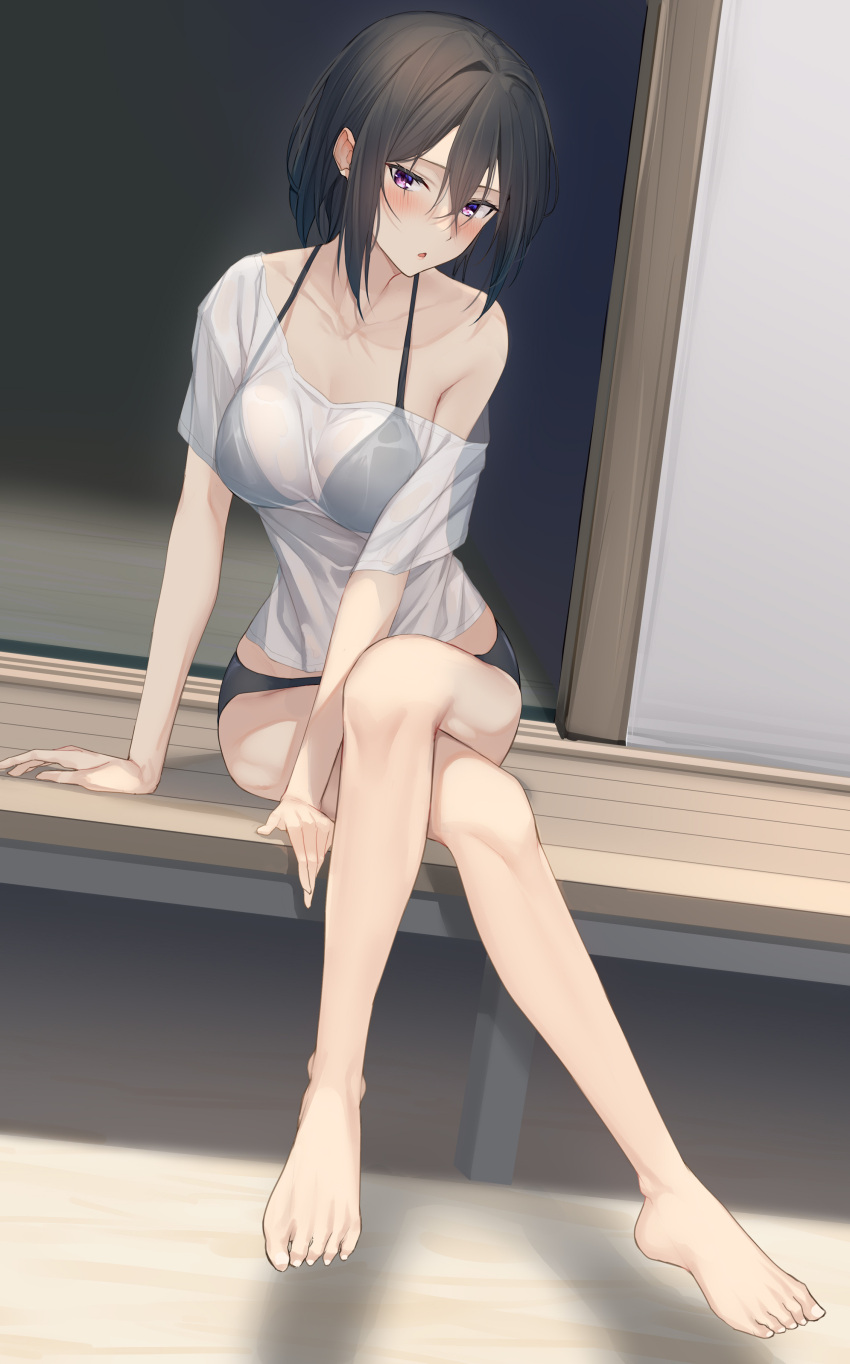 1girl absurdres bangs bare_shoulders barefoot bikini black_bikini blush breasts collarbone crossed_legs full_body highres large_breasts long_hair looking_at_viewer off_shoulder original pallad parted_lips see-through shirt short_sleeves solo swimsuit violet_eyes white_shirt