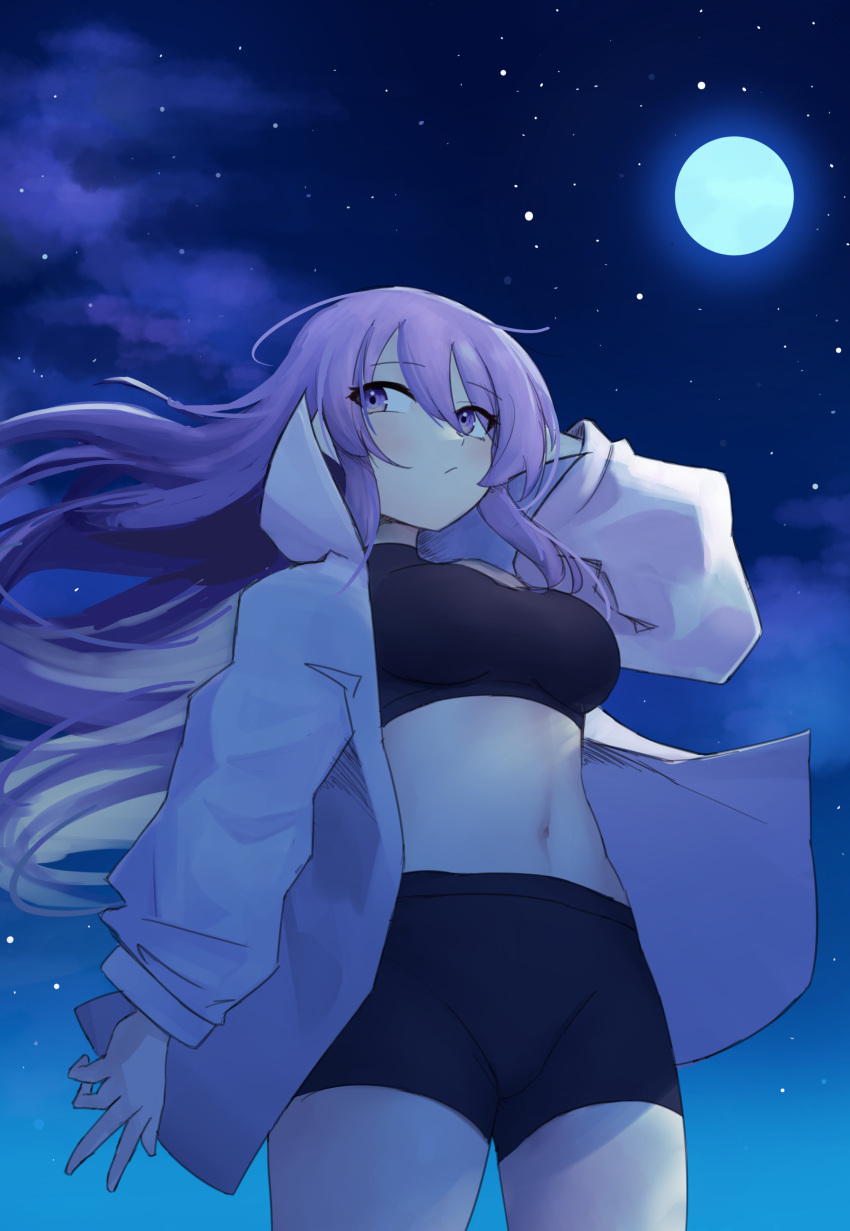 1girl :/ absurdres arm_behind_head aurapls bike_shorts blue_sky blush breasts closed_mouth cowboy_shot dot_nose floating_hair full_moon hand_up highres hololive hololive_indonesia jacket large_breasts long_hair midriff moon moona_hoshinova navel night night_sky open_clothes open_jacket outdoors purple_hair sky solo standing violet_eyes w white_jacket