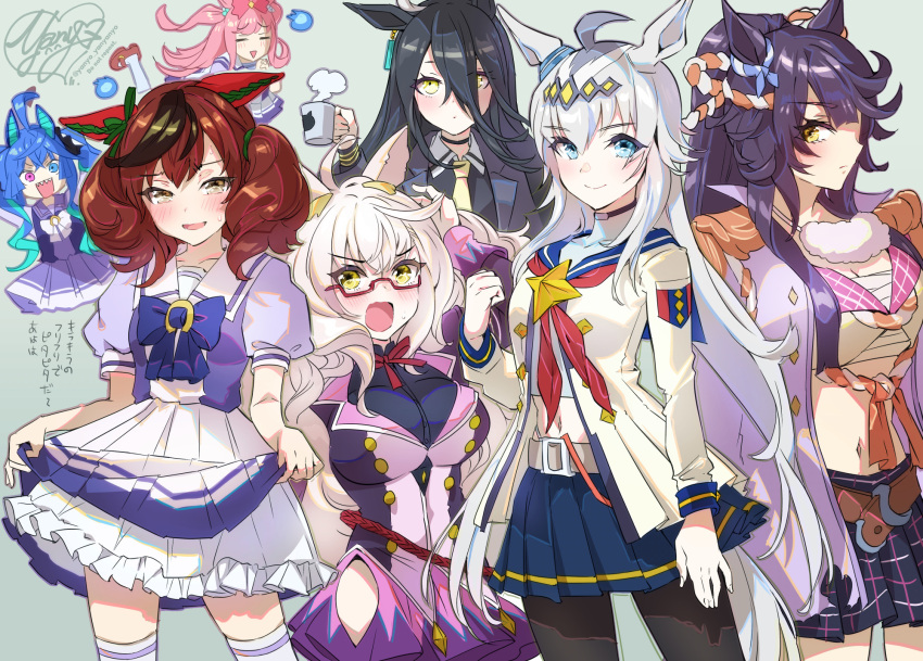 6+girls agnes_digital_(umamusume) ahoge animal_ears bangs belt belt_buckle biwa_hayahide_(umamusume) black_hair black_legwear blue_bow blue_hair blush bow breasts brown_hair buckle choker clenched_hand closed_mouth clothes_lift collarbone collared_shirt commentary_request cup earrings glasses grey_background heterochromia highres holding holding_cup horse_ears jewelry large_breasts lifted_by_self long_hair long_sleeves looking_at_viewer manhattan_cafe_(umamusume) medium_hair multicolored_hair multiple_girls narita_brian_(umamusume) navel necktie nice_nature_(umamusume) ogino_atsuki oguri_cap_(umamusume) open_mouth petticoat pink_hair pleated_skirt puffy_short_sleeves puffy_sleeves purple_hair sailor_collar sarashi school_uniform semi-rimless_eyewear serafuku sharp_teeth shirt short_sleeves short_twintails signature skirt skirt_lift small_breasts smile steam streaked_hair sweatdrop teeth thigh-highs tracen_school_uniform translation_request twin_turbo_(umamusume) twintails twitter_username umamusume v-shaped_eyebrows white_hair yellow_eyes