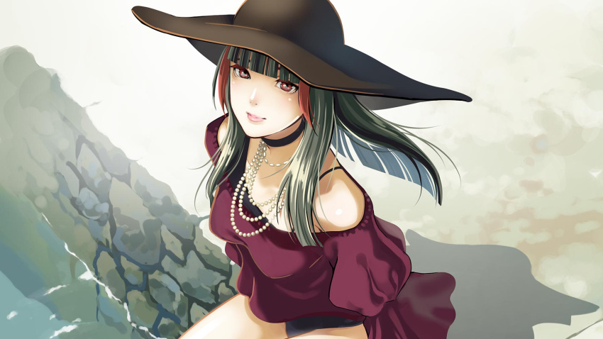 1girl bangs bare_shoulders black_choker black_hair blunt_bangs brown_headwear choker crimson_(vtuber) cropped hat highres indie_virtual_youtuber jewelry large_hat long_hair looking_at_viewer multicolored multicolored_hair necklace off_shoulder outdoors pearl_necklace red_eyes redhead ripples shiomiya_iruka sitting solo streaked_hair virtual_youtuber water