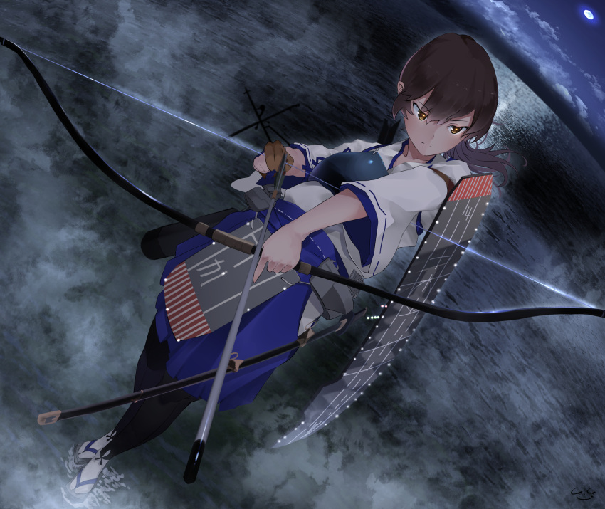 1girl absurdres arrow_(projectile) bangs blue_hakama bow_(weapon) brown_eyes brown_hair closed_mouth clouds cloudy_sky commentary dutch_angle fog frown full_moon gegeron glaring hakama hakama_skirt half-closed_eyes highres holding holding_bow_(weapon) holding_weapon horizon japanese_clothes kaga_(kancolle) kantai_collection kimono long_hair looking_to_the_side moon muneate night night_sky ocean outdoors rigging sandals side_ponytail skirt sky standing tabi weapon white_kimono white_legwear