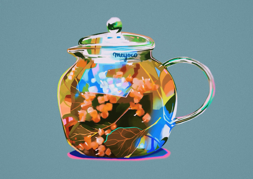 aqua_background highres leaf meyoco no_humans original photo-referenced refraction shadow signature simple_background teapot