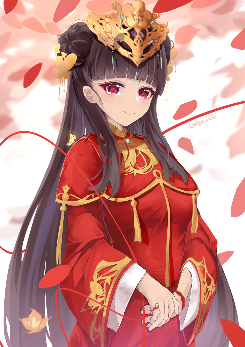 1girl absurdres azur_lane black_hair chinese_clothes ct.ender double_bun dress gold_trim headpiece highres long_hair official_alternate_costume petals red_dress smile solo string string_of_fate very_long_hair violet_eyes wide_sleeves yat_sen_(azur_lane) yat_sen_(coronal_afterglow)_(azur_lane)