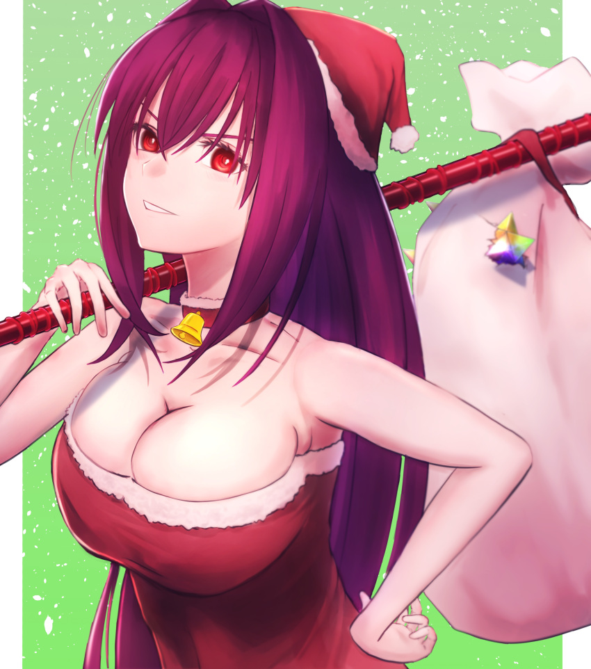 1girl absurdres bag bangs bell breasts christmas closed_eyes eyebrows_behind_hair fate/grand_order fate_(series) gift_bag hair_between_eyes hat highres holding holding_lance holding_polearm holding_weapon ichi_yoshida lance large_breasts long_hair polearm purple_hair red_eyes santa_costume santa_hat scathach_(fate) scathach_(fate)_(all) smile solo sweater upper_body weapon