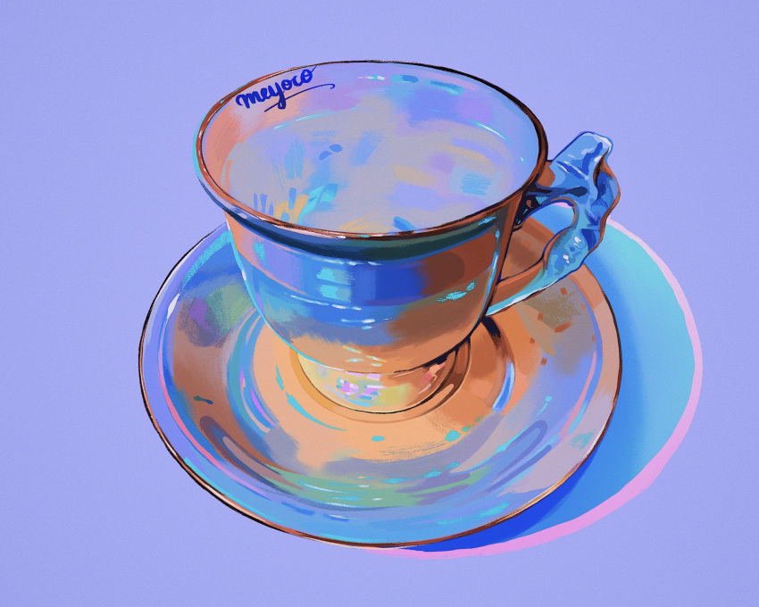 cup highres meyoco no_humans original photo-referenced plate purple_background shadow signature simple_background teacup