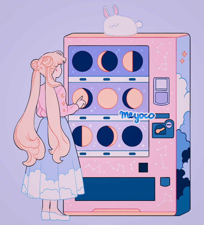 1girl artist_name astronomy bishoujo_senshi_sailor_moon blue_background cloud_print constellation double_bun highres long_hair meyoco moon moon_phases print_skirt rabbit shoes signature simple_background skirt solo standing tsukino_usagi twintails vending_machine very_long_hair white_footwear