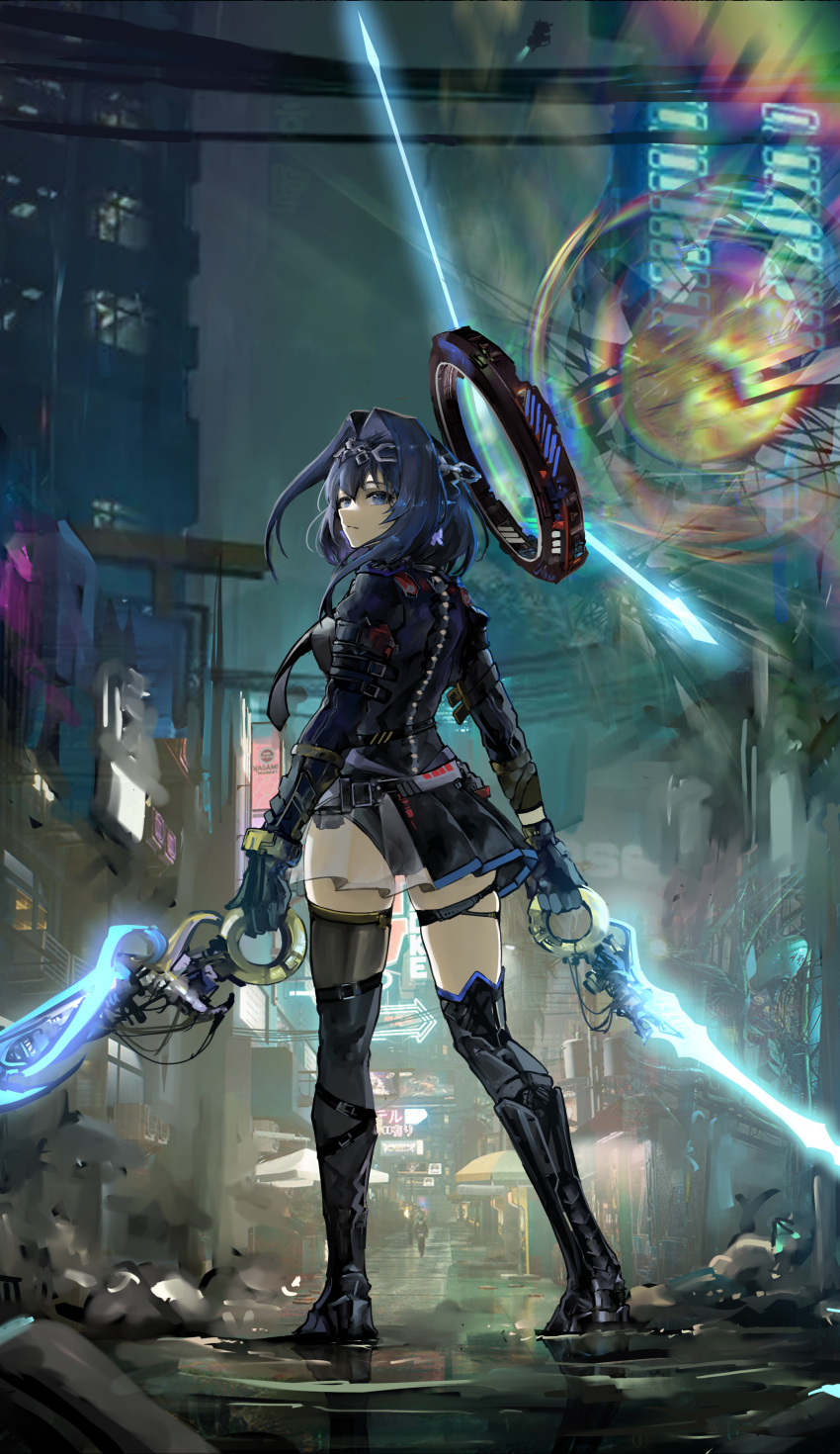 1girl absurdres alternate_costume blue_hair chain cyberpunk halo highres hololive hololive_english mechanical_halo ouro_kronii short_hair solo virtual_youtuber vyragami