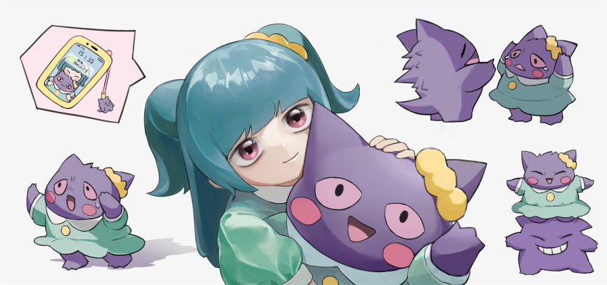 1girl :d ahuang arms_up blush_stickers buttons closed_mouth clothed_pokemon commentary_request dress gengar green_dress green_hair hair_ornament hair_scrunchie highres holding holding_pokemon long_hair multiple_views open_mouth pokemon pokemon_(anime) pokemon_(creature) poketoon scrunchie shoko_(pokemon) short_sleeves smile sweatdrop tied_hair tongue violet_eyes