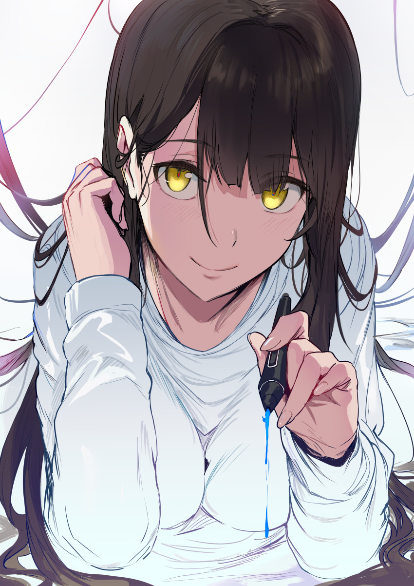 1girl absurdres bangs blush breasts brown_hair closed_mouth hews highres large_breasts long_hair long_sleeves looking_at_viewer original shirt smile solo stylus white_shirt yellow_eyes