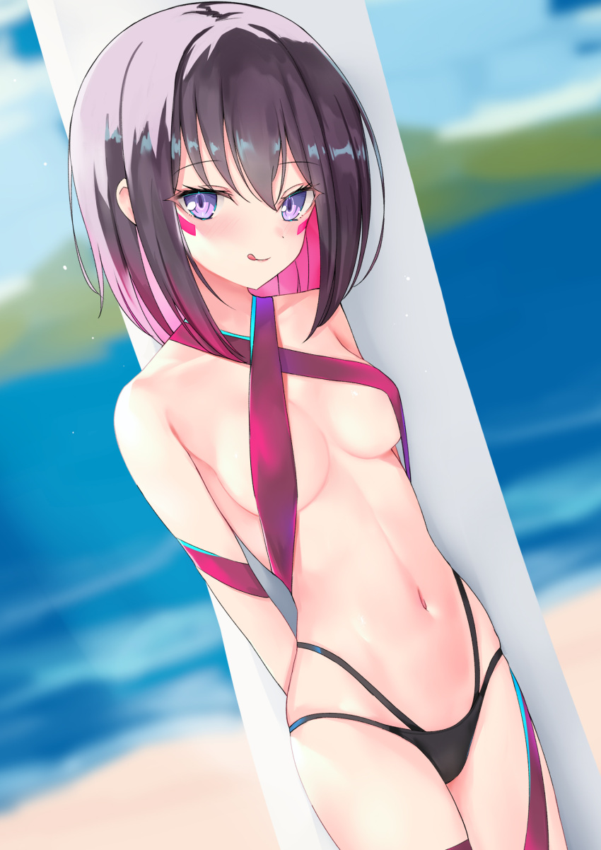 1girl :q azki_(hololive) bare_shoulders beach bikini bikini_bottom black_hair breasts collarbone colored_inner_hair eyebrows_visible_through_hair facial_mark highres hololive midriff multicolored_hair navel pink_hair rifufu short_hair small_breasts solo swimsuit tongue tongue_out under_boob violet_eyes virtual_youtuber water