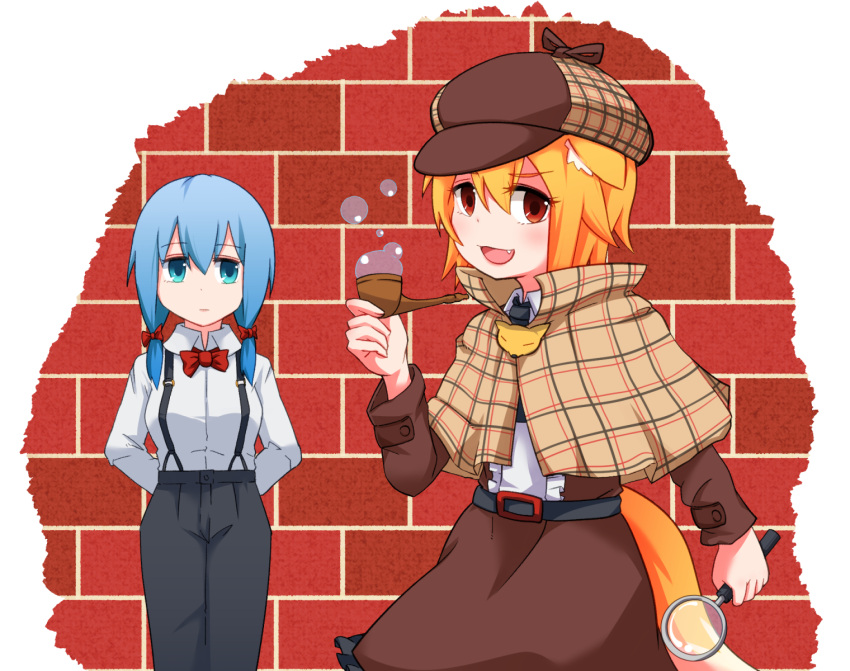 2girls animal_ear_fluff animal_ears bangs belt black_belt black_neckwear black_pants blonde_hair blue_eyes blue_hair bow bowtie breasts brick_wall brown_headwear brown_skirt brown_vest bubble bubble_pipe closed_mouth collared_shirt commentary_request cookie_(touhou) cowboy_shot expressionless eyebrows_visible_through_hair fang fox_ears fox_girl fox_tail hair_bow highres holding_magnifying_glass looking_at_viewer magnifying_glass medium_breasts medium_hair miramikaru_miran miramikaru_riran multiple_girls necktie open_mouth pants red_bow red_eyes red_neckwear shirt skirt smile suspenders tail vest white_shirt yan_pai