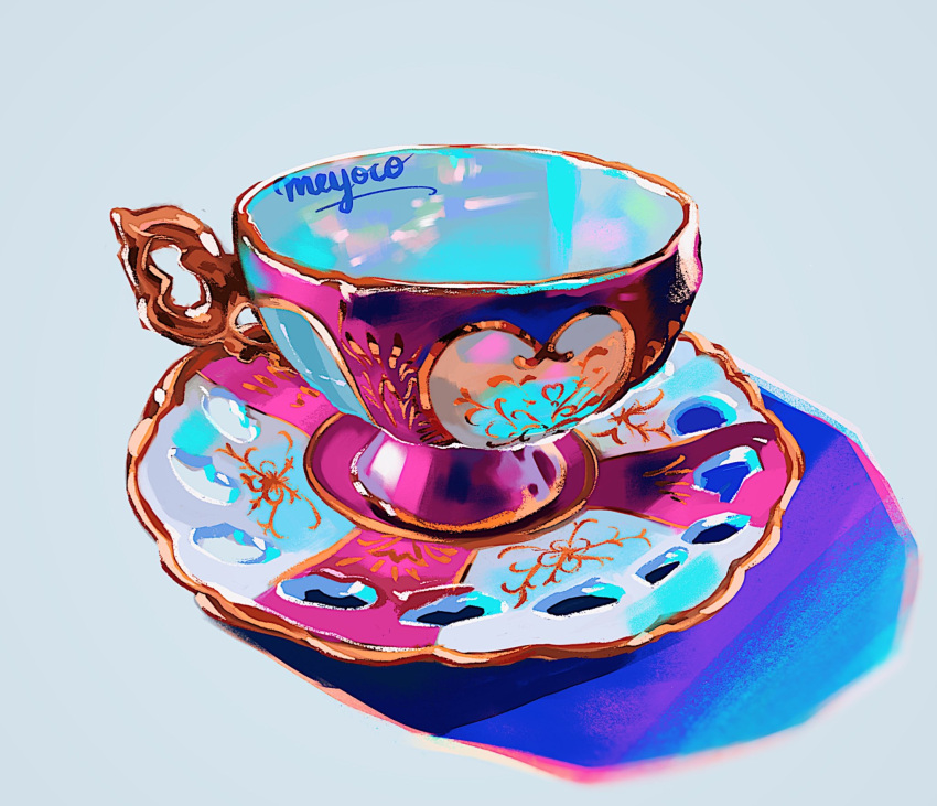 cup grey_background highres meyoco no_humans original photo-referenced plate shadow signature simple_background teacup