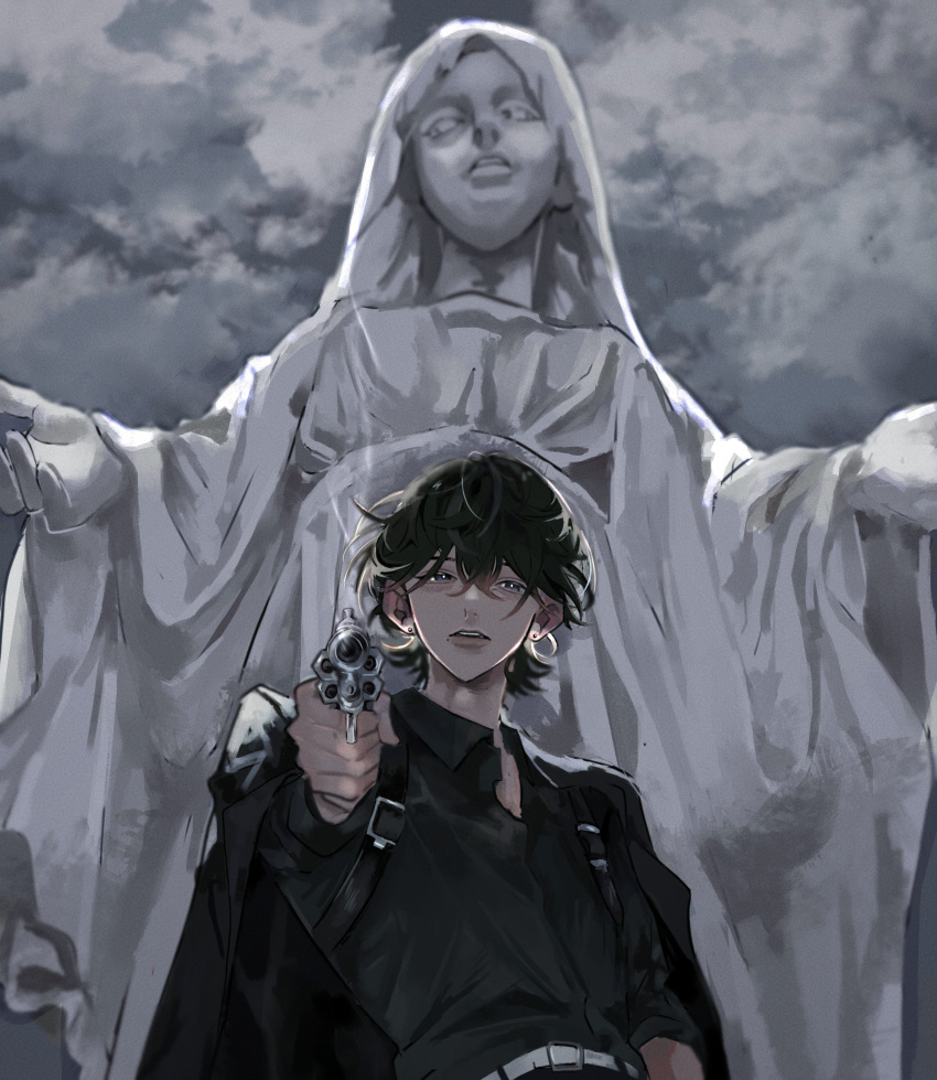 1boy absurdres belt black_hair black_shirt clouds cloudy_sky earrings gun highres holding holding_gun holding_weapon jewelry looking_at_viewer original pafujojo parted_lips revolver shirt short_hair sky solo statue upper_body weapon