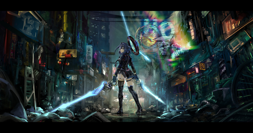 1girl absurdres alternate_costume blue_hair chain cyberpunk dual_wielding energy_sword hair_intakes halo headband highres holding hololive hololive_english mechanical_halo ouro_kronii short_hair solo sword virtual_youtuber vyragami weapon